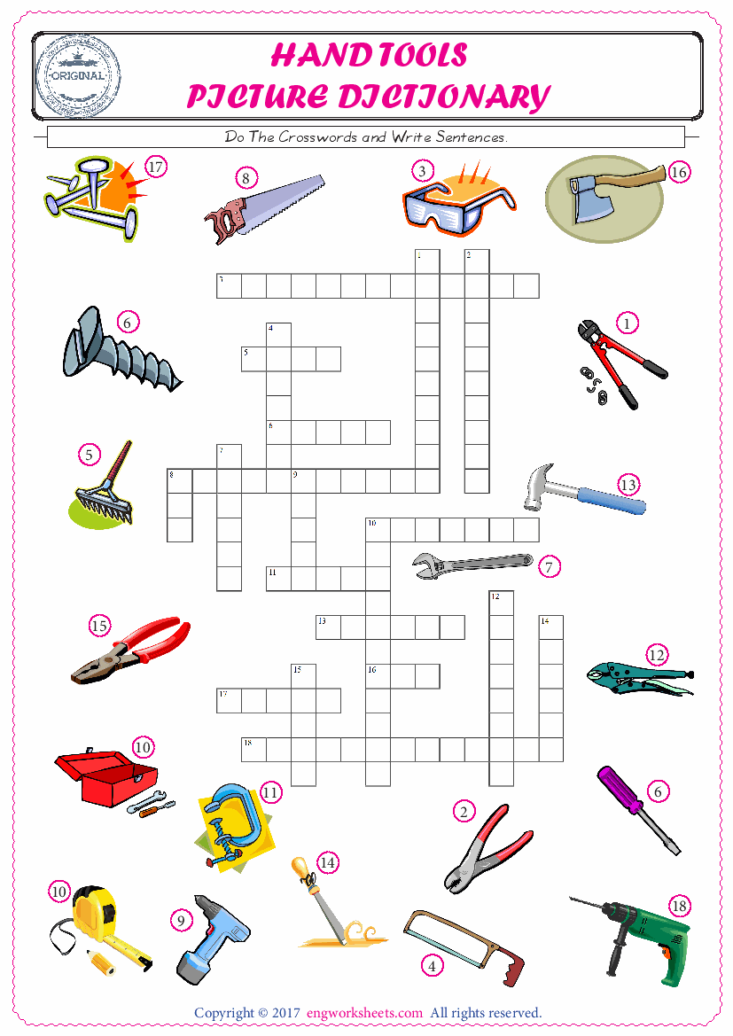  ESL printable worksheet for kids, supply the missing words of the crossword by using the Hand Tools picture. 